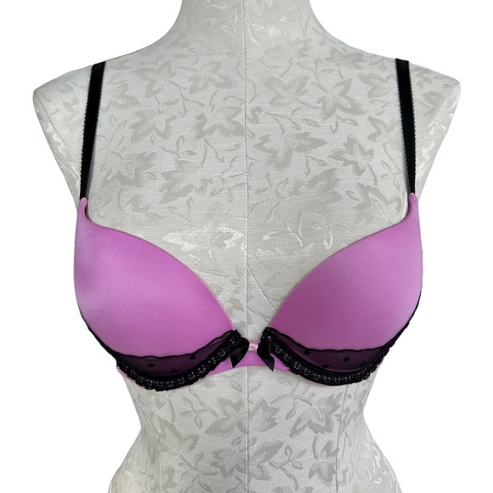 Victoria's Secret Very Sexy Push Up Pink Bra Black Lace Trim Size 32C